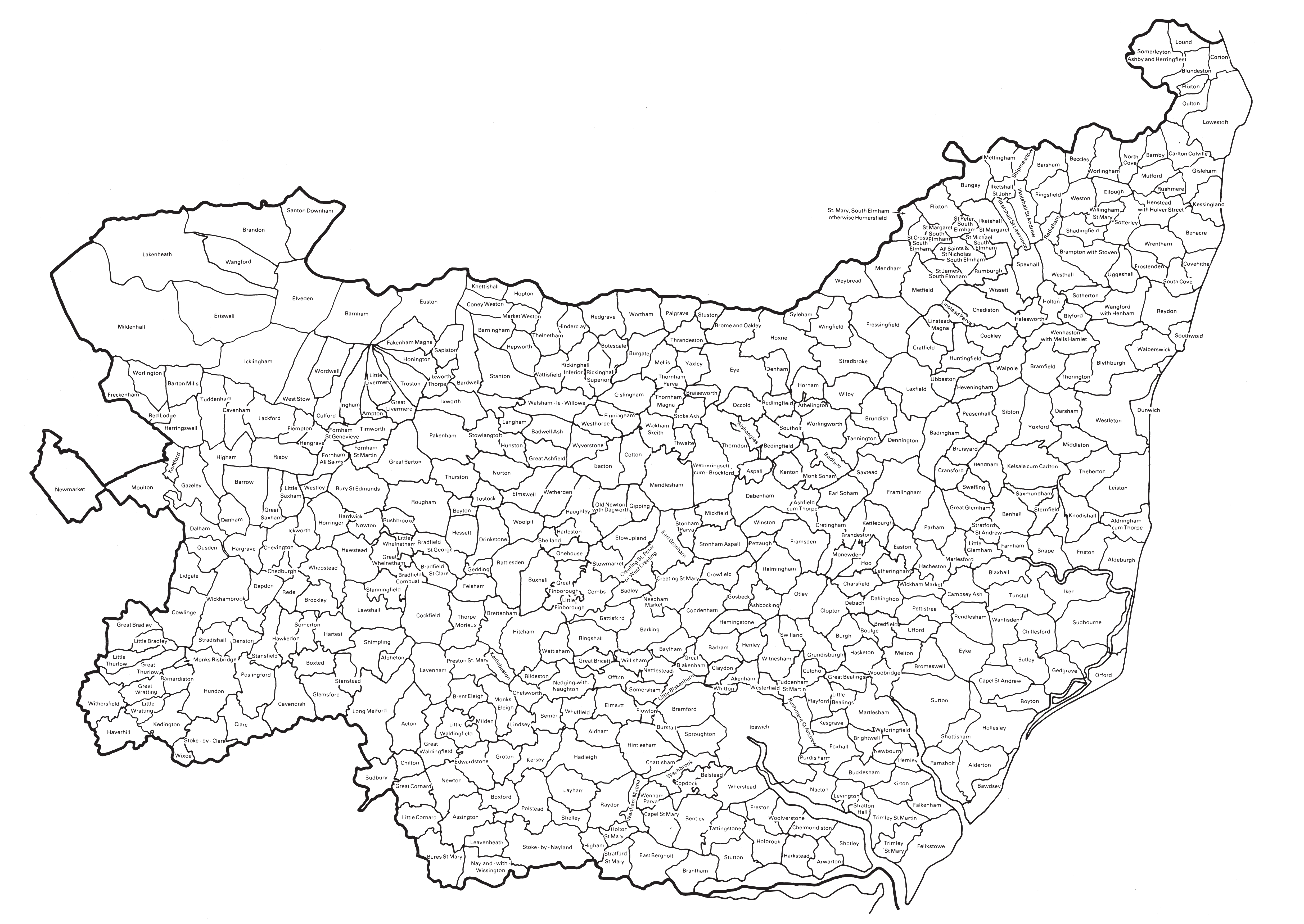 map of suffolk labelled with parish names
